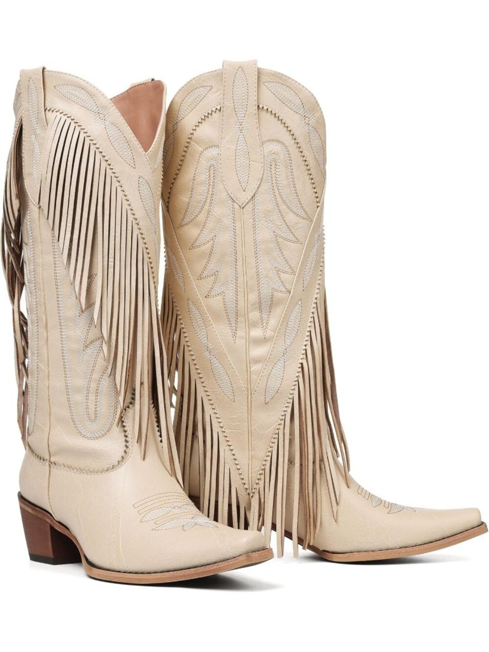 Women's Beige Fringe Knee High Cowgirl Western Boots With Classic Embroidery